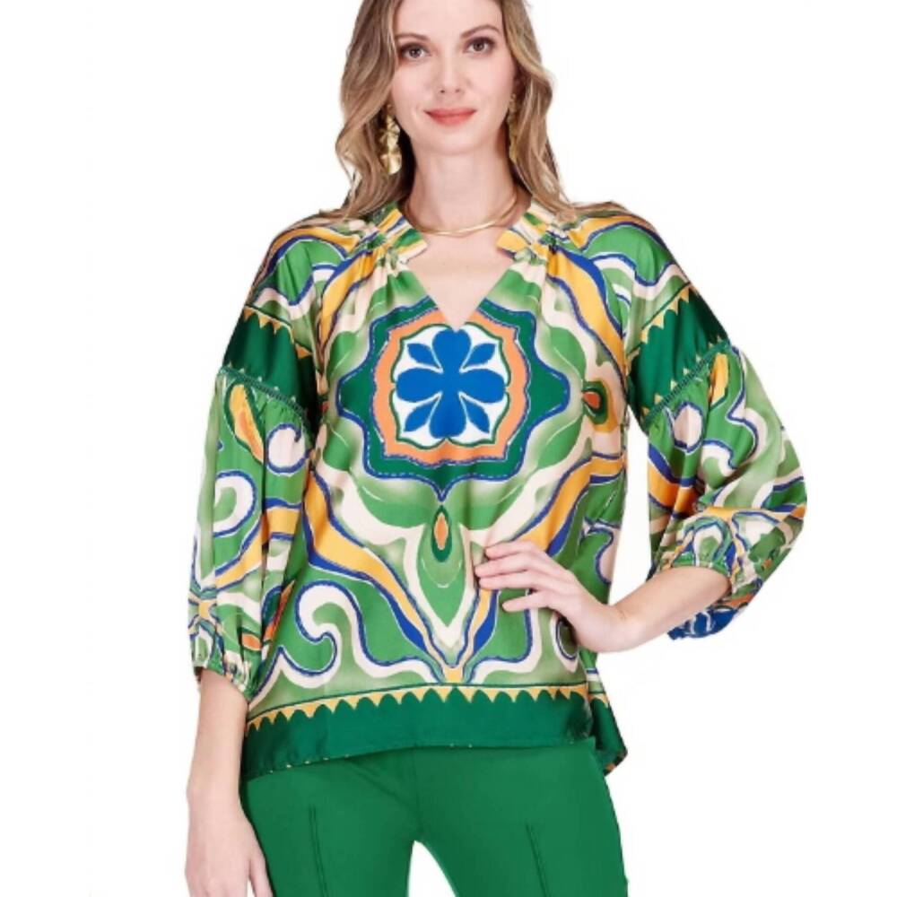 NEW JADE & JOY JOY moroccan tile peasant top in green multi